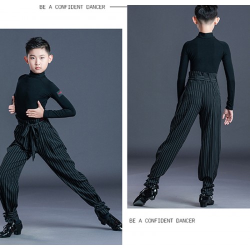 Boy kids Black Striped Latin Ballroom Dance Shirts and Pants Salsa Junior Waltz Tango Latin Performance Wear Modern Dance Outfits For Children